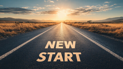 Road to a fresh start with an empty road with written New Start and landscape with horizon to represent the future and positivity and success to come with a new start in life