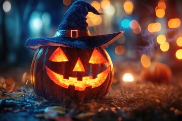 Naklejka premium Illuminated Jack-o'-lantern with a Witch's Hat in a Festive Halloween Setting