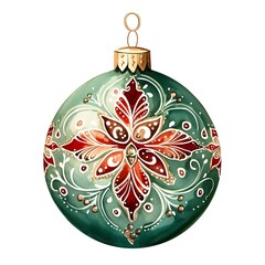 Watercolor Painting of Fancy Christmas Bauble on white background HD, Hand painted, Christmas Greeting card, ribbon Decoration, Festival, Joy, Presents Banner Fir Branch Mistletoe 