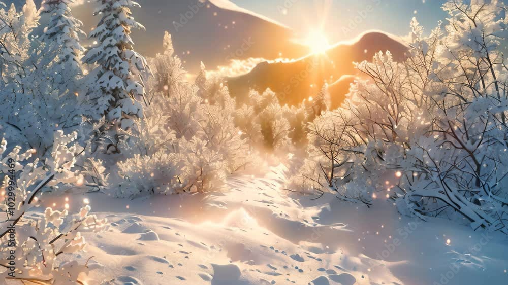 Poster a snowy forest path with trees covered in frost, bathed in the warm glow of sunlight filtering throu