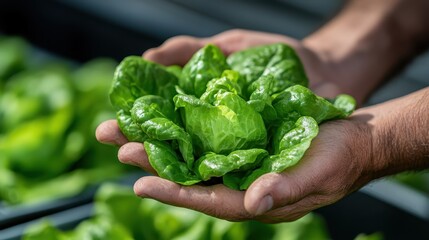 A detailed close-up of hands holding fresh, crisp green lettuce. This visually fresh imagery emphasizes healthy eating and fresh produce, highlighting garden bounty.