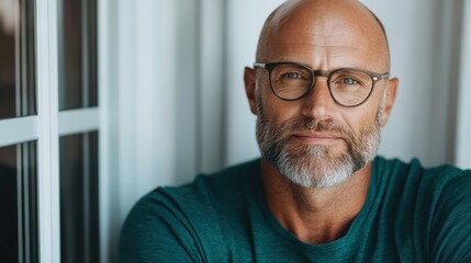 Obraz premium Bald man in glasses wearing a teal shirt posing serenely indoors, against a window, suggesting a moment of contemplation and peace in a modern setting.
