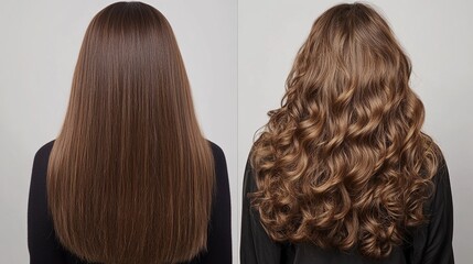 Before-and-after photos show a woman's transformation. Her hair has been straightened and now has beautiful curls. 