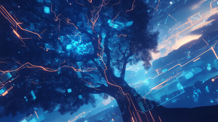 Abstract digital connections showcasing data and blockchain technology, emphasizing the innovative and transformative nature of modern networks. This composition captures the essence of interconnected