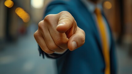 Close-up of a businessman pointing his finger, suited in an elegant attire.