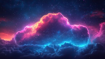 Cloud and data technology feature neon accents on a dark blue background with white clouds.