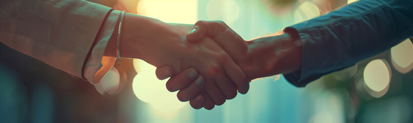 Close-up of business professionals shaking hands, symbolizing a successful deal-making process in a bright office environment. The warm sunlight illuminates the moment, creating a cinematic atmosphere