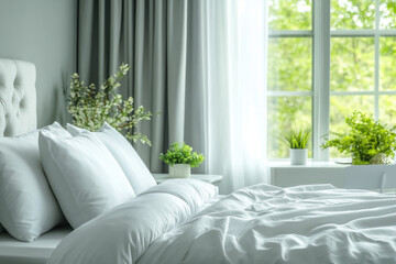 Contemporary Hotel Room With A White Desk, Artfully Arranged White Bedding, And Decorative Plants, All Harmonizing With A Clean White Background That Emphasizes Simplicity And Elegance