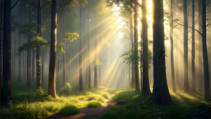 Obraz premium Forest with sunlight streaming through trees on summer morning