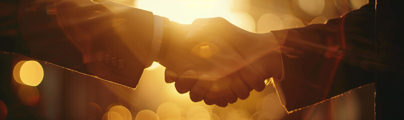 Close-up of business professionals shaking hands, symbolizing a successful deal-making process in a bright office environment. The warm sunlight illuminates the moment, creating a cinematic atmosphere