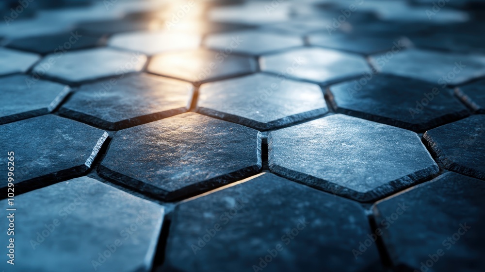 Poster close-up of hexagonal tiles with reflections and light effects, creating a modern and industrial fee