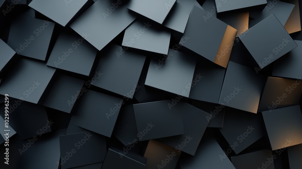 Poster a unique presentation of perfectly aligned dark squares with hints of lighting, showcasing a minimal