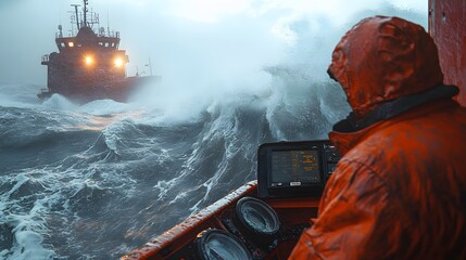 A lone sailor in an orange raincoat navigates a stormy sea, with a large cargo ship in the distance.