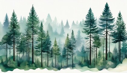 Fototapeta premium Vibrant watercolor depiction of a textured pine forest with layers of overlapping trees, showcasing depth and natural beauty through hand-drawn artistry