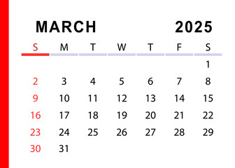 March 2025 simple calendar. Sunday start. Vector design