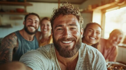 A cheerful group of diverse friends enjoys a time of celebration in a kitchen setting, captured with smiles and warmth as they partake in culinary delights.