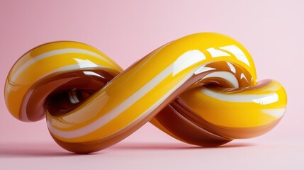 A creative twist sculpture, akin to an infinity loop in yellow, lays gracefully on a pale pink backdrop, representing endless creativity and fluidity in form.