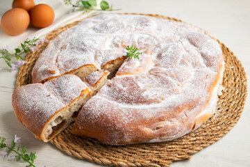 Ensaimada from Mallorca, a typical Balearic dessert. Round cake made of butter and sugar filled with angel hair.