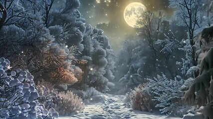 A snowy forest path illuminated by a full moon, with snow-covered trees and falling snow, Snow-covered trees in a moonlit forest - Powered by Adobe