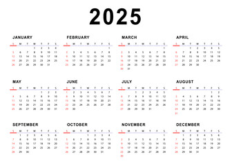 2025 monthly calendar template. Sunday start. Simple calendar. Vector design