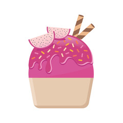 Dragon fruit ice cream with wafer rolls vector illustration. Fresh fruit and sweet dessert.