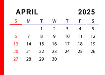 April 2025 simple calendar. Sunday start. Vector design