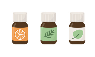 Aroma oil bottles set in cartoon flat style. Fir, orange, eucalyptus oil. Aromatherapy.