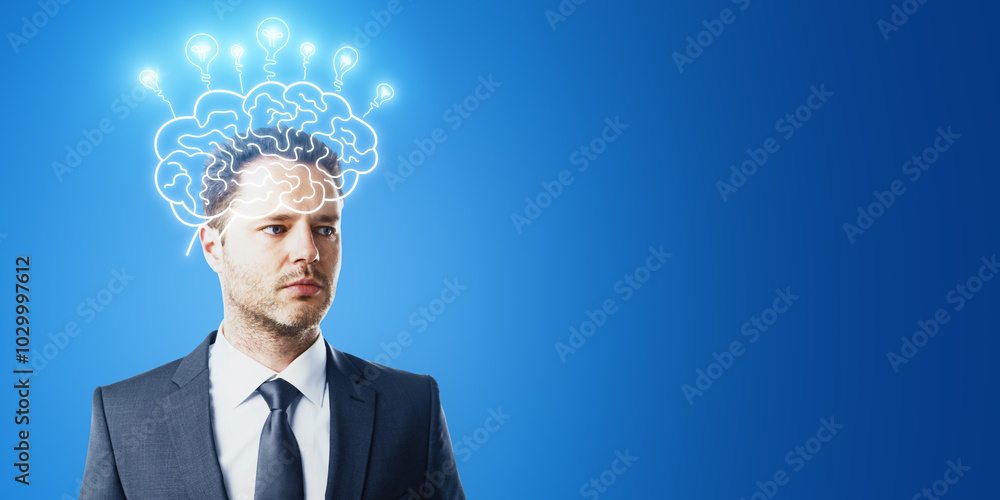 Aufkleber portrait of attractive thoughtful young european man with glowing brain with lamps sketched hologram