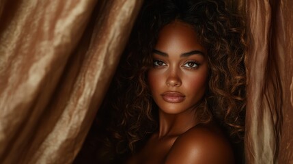 A portrait of a woman with curly hair peering through luxurious brown fabric, showcasing elegance and depth, captured in warm sunlight and shadow interplay.