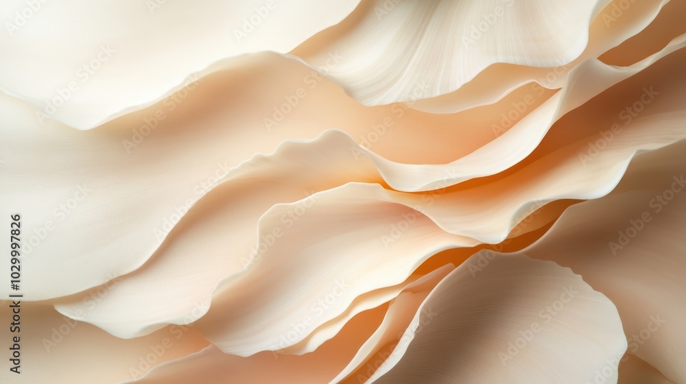Poster smooth, flowing abstract shapes in shades of peach, resembling gentle waves or petals, create a sere