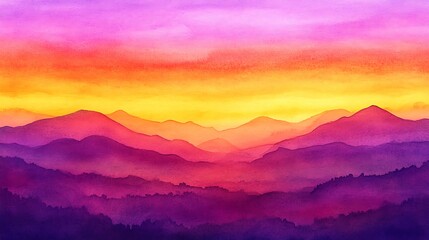Fototapeta premium Vibrant Sunset Over Mountain Range Watercolor Painting Abstract Gradient Background with Copy Space
