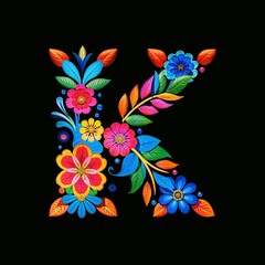 Colorful floral letter K on a black background with vibrant flowers and leaves