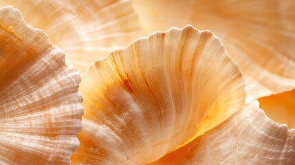 Close-up view of seashell textures highlighted by warm, soft lighting, showcasing intricate patterns and natural beauty, reminiscent of oceanic calm.