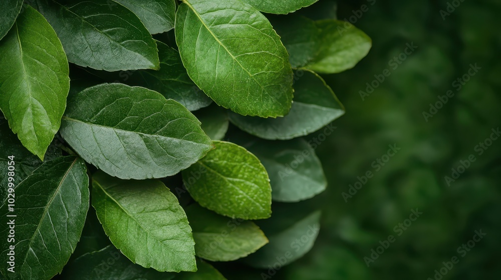 Poster a selection of green leaves with varying textures, layered in soft focus to create an impression of 