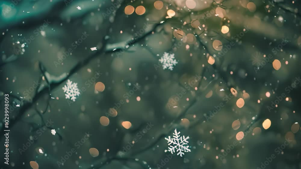 Poster a winter wonderland with snowflakes falling gently through the trees, creating a serene and magical 