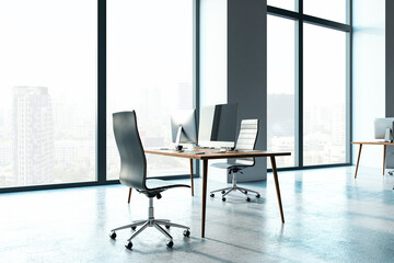 Contemporary office interior with furniture, panoramic windows with city view, concrete walls. 3D Rendering.