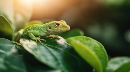 A detailed close-up of a vibrant green lizard perched on lush green leaves, captured in exquisite detail under the soft and warm rays of sunlight filtering through the foliage.