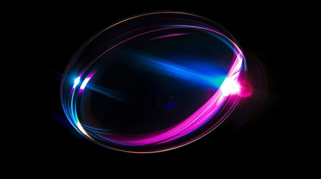Vibrant oval lens flare with blue, purple, and pink gradient against a deep black background