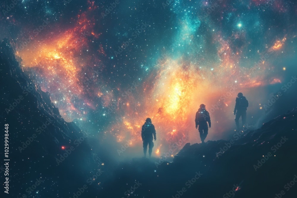 Poster panoramic landscape of space explorers navigating through a surreal night sky, blending dreams with 