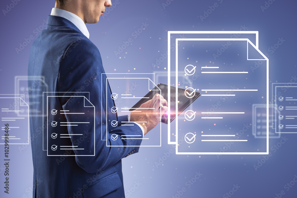 Poster close up of businessman hand using tablet creative digital document on blue background. online surve