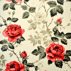 background Color: White, black, or soft pastel colors such as beige or light blue Rose Pattern: Detailed rose designs in vibrant red or soft pink, with fresh green leaves