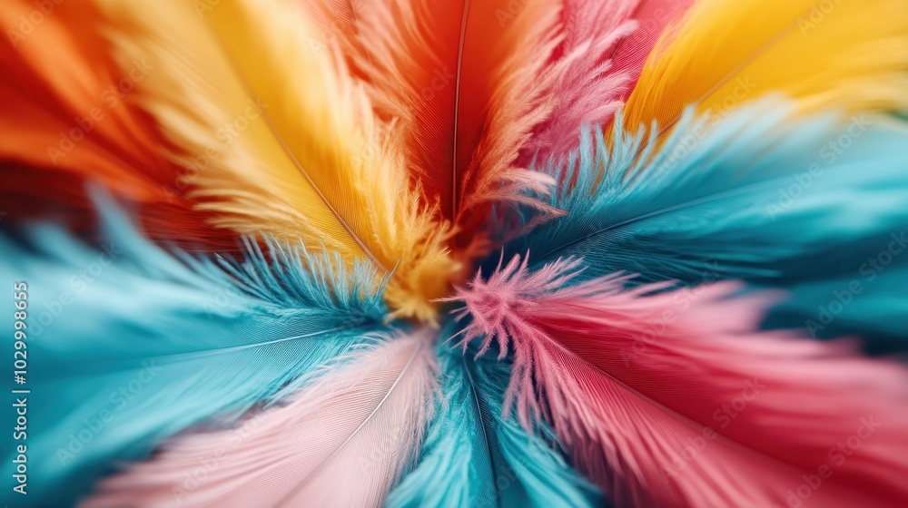Poster a detailed display of feathers spread out in intricate patterns, radiating dynamic and vivid colors,