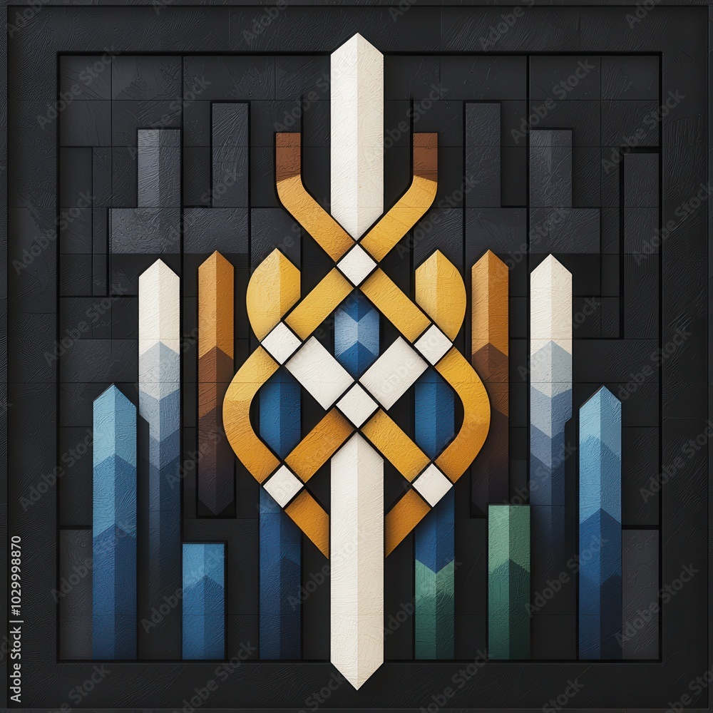 Poster Abstract Geometric Wall Art with Black, White, Yellow, Blue and Green Tones.