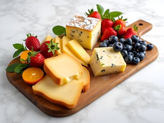 A beautifully arranged cheese board on a white background