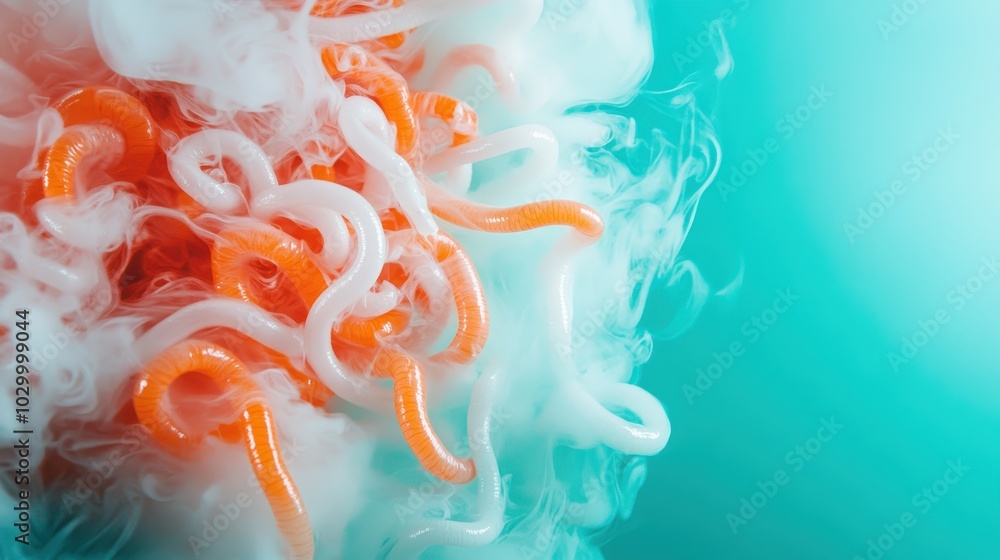Poster an abstract image of orange and white intertwining coils surrounded by flowing visual smoke, creatin