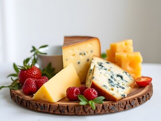 A beautifully arranged cheese board on a white background