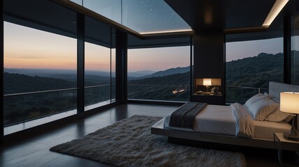 Fototapeta premium a bedroom with a view of the mountains and a bed.