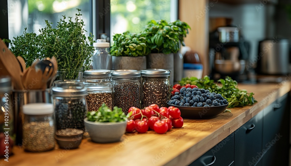 Canvas Prints Fresh herbs, berries, and spices arranged on a kitchen counter.