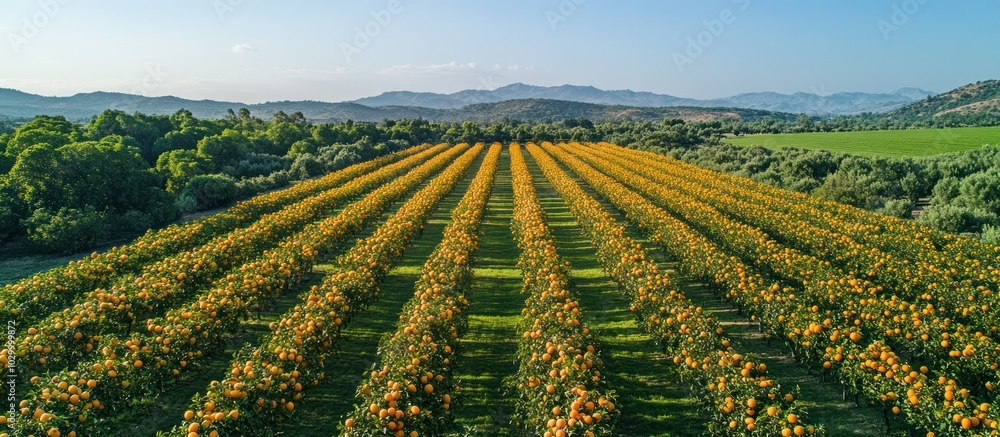 Aufkleber aerial view of an orange grove with rows of trees and a clear sky in the background.