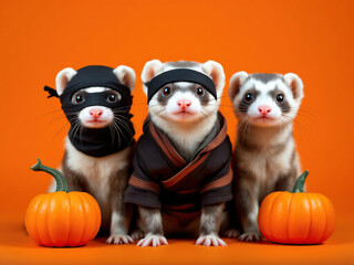 Obraz premium Festive Ferrets and Fall Pumpkins 